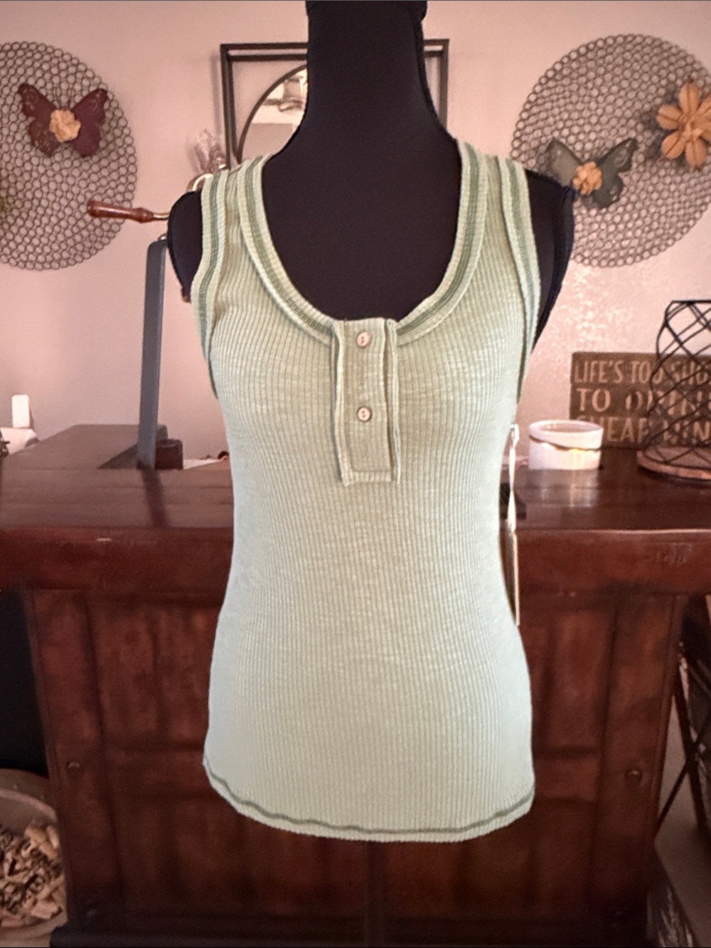 LA MIEL Sage Green Ribbed Henley Tank